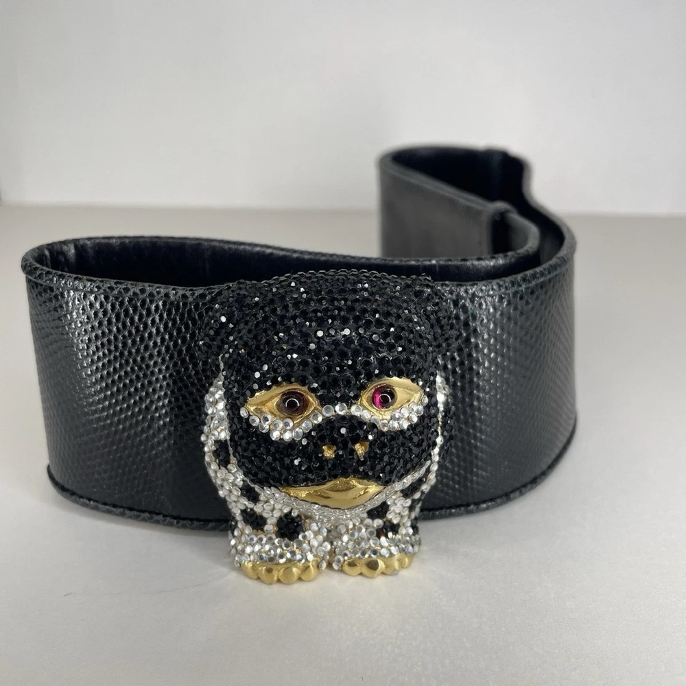 Judith Leiber Pug Bull Dog Wide Belt Swarovski Crystals Black Leather Karung